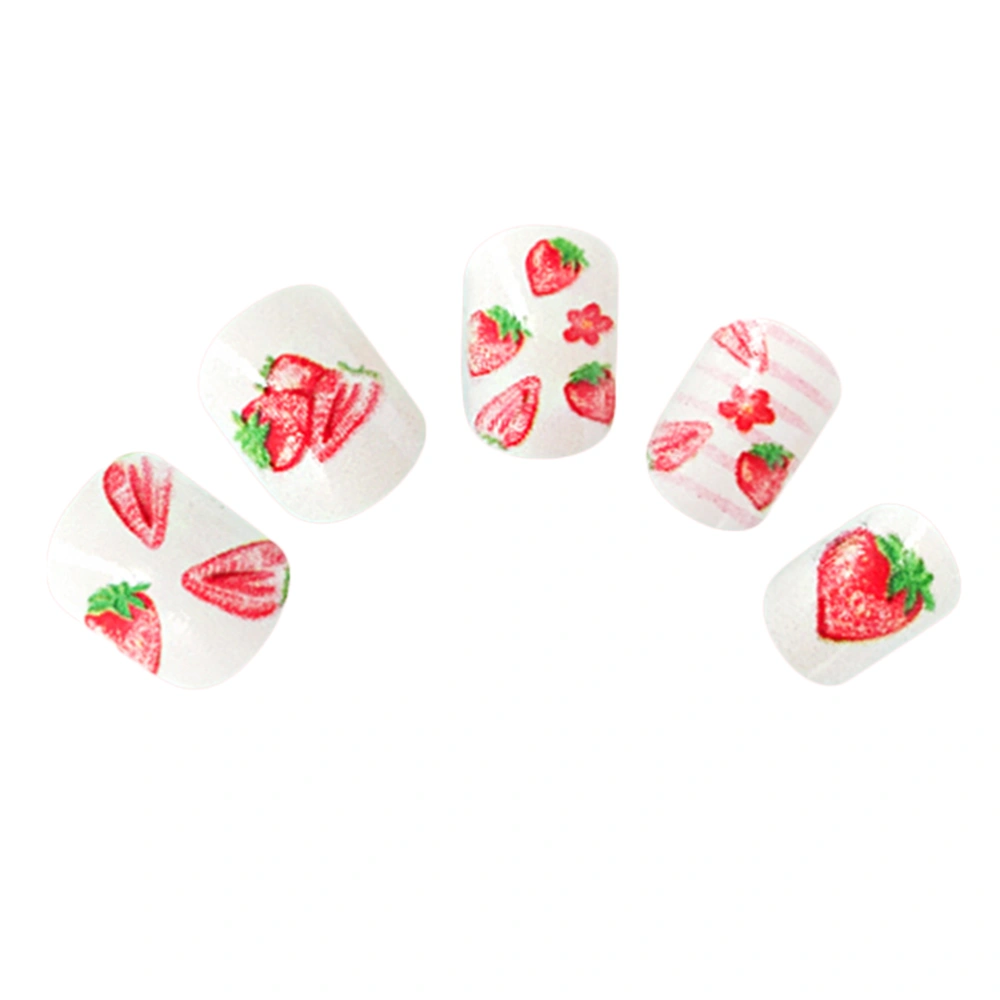 24pcs Girls False Nail Sticking Nail Decals Full Cover Manicure Decorative Sticker Fake Cartoon Nails Sticker for Kids (Strawberry)