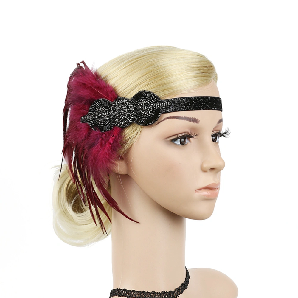 Dress Accessory Feather Headdress Creative Indian Hair Band Bridal Photo Prop (Black Diamond, Claret)