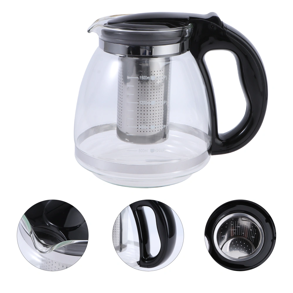 1pc 1500ml Household Tea Glass Teapot Stainless Steel Filter Handle Heat Resistant Glass Teapot(Black)