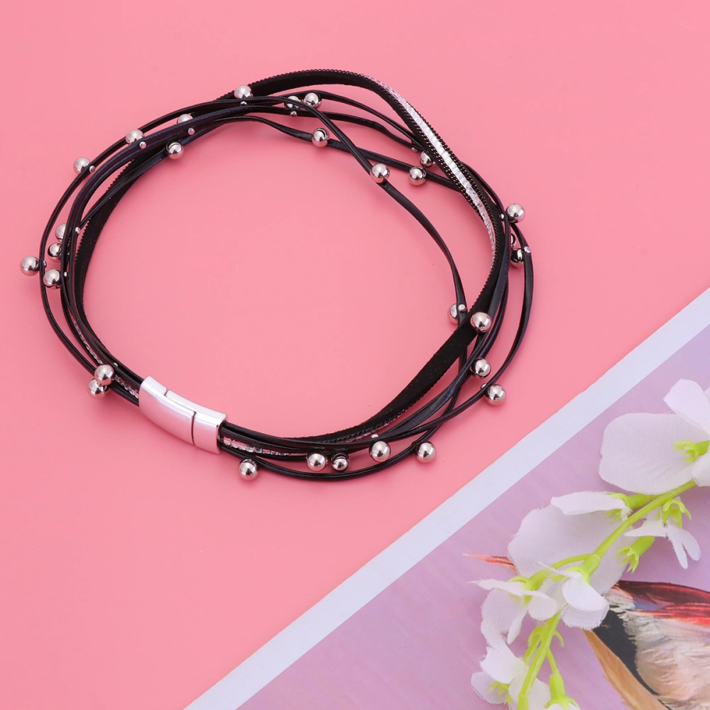 1Pc Fashion Pearl PU Leather Bracelet Delicate Rhinestone Inlaid Bangle Elegant Charming Wrist Jewelry for Women Ladies Girls (Black)