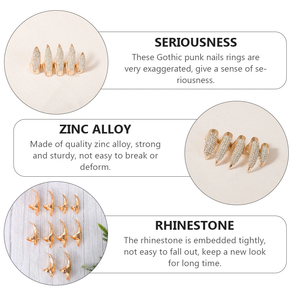 10Pcs Rhinestones Nail Claw Fake Nails Ring Halloween Costume Props for Women