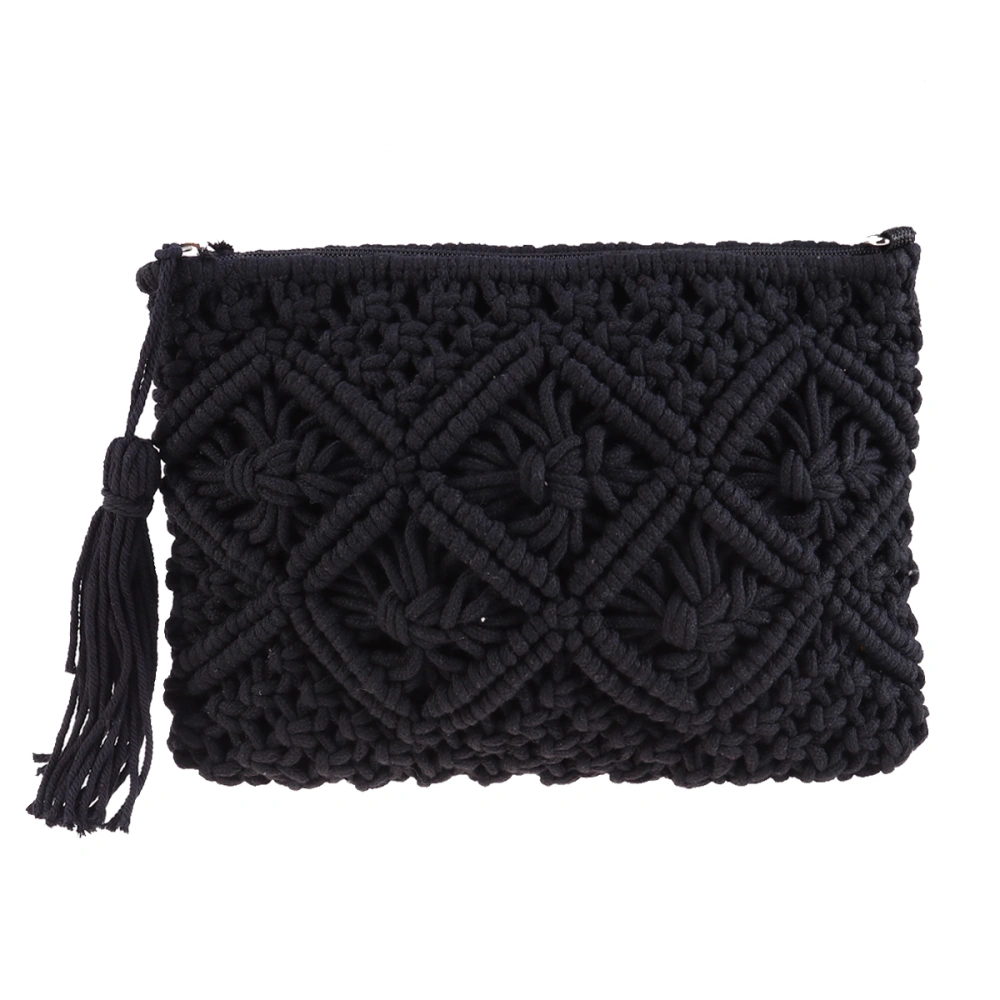 1PC Cotton Woven Handbag Hollow Clutch Bag with Tassel for Summer Beach Women Black