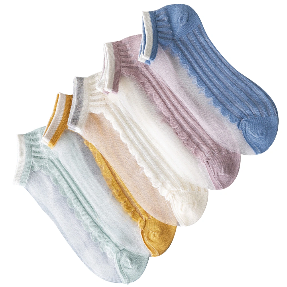 5 Pairs Fashion Glass Silk Cotton Socks All-match Ankle Socks Breathable Socks for Women Girls Ladies (Assorted Color)