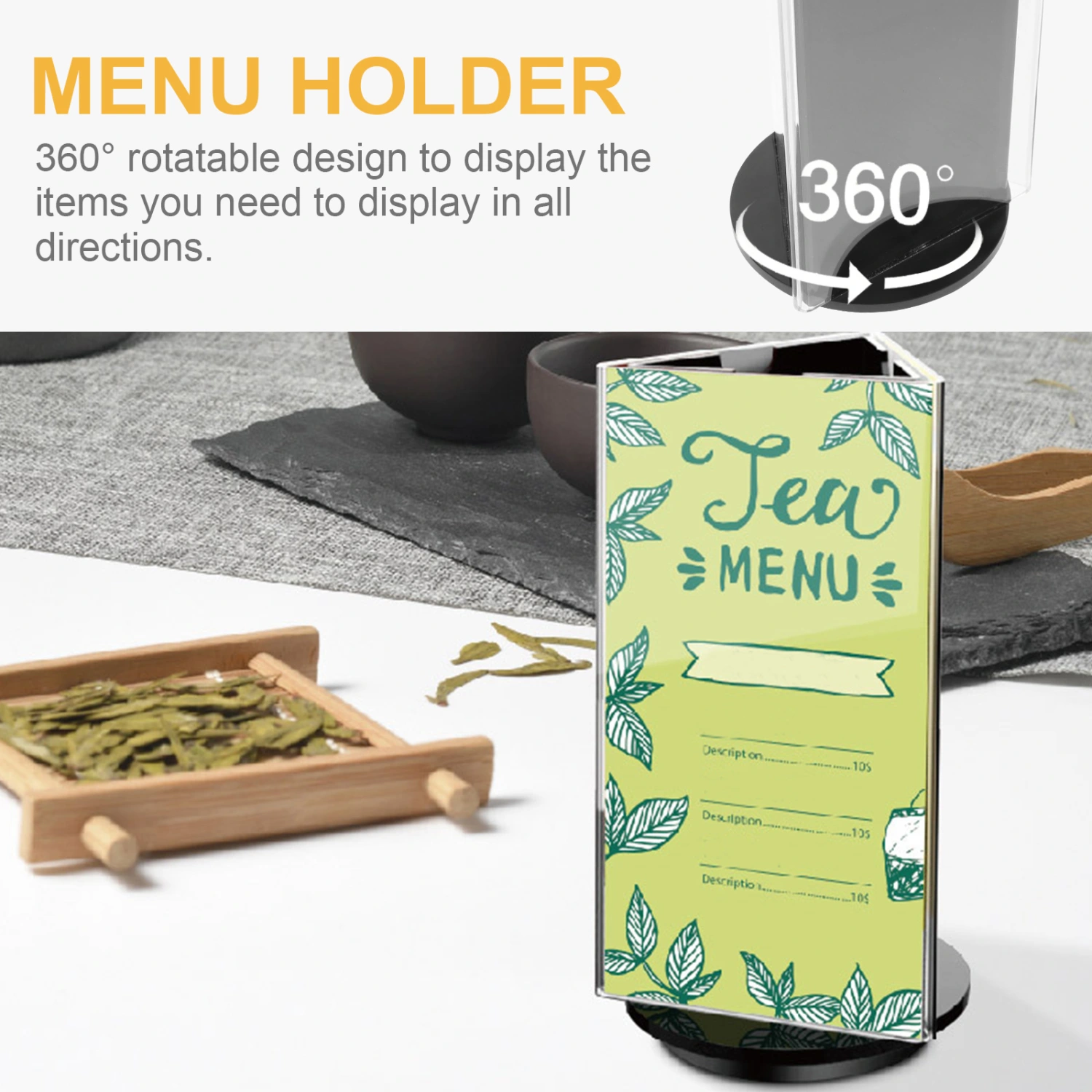 Acrylic Sign Holder Rotatable Restaurants Menu Display Stand Tabletop Paper Holder