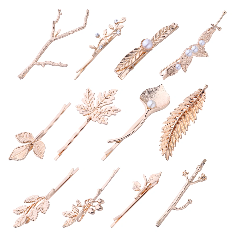 12PCS Simple Hair Clip Pearl Leaf Hair Pin Alloy Branch Bobby Pin Delicate Hair Ornament for Women Girl Party