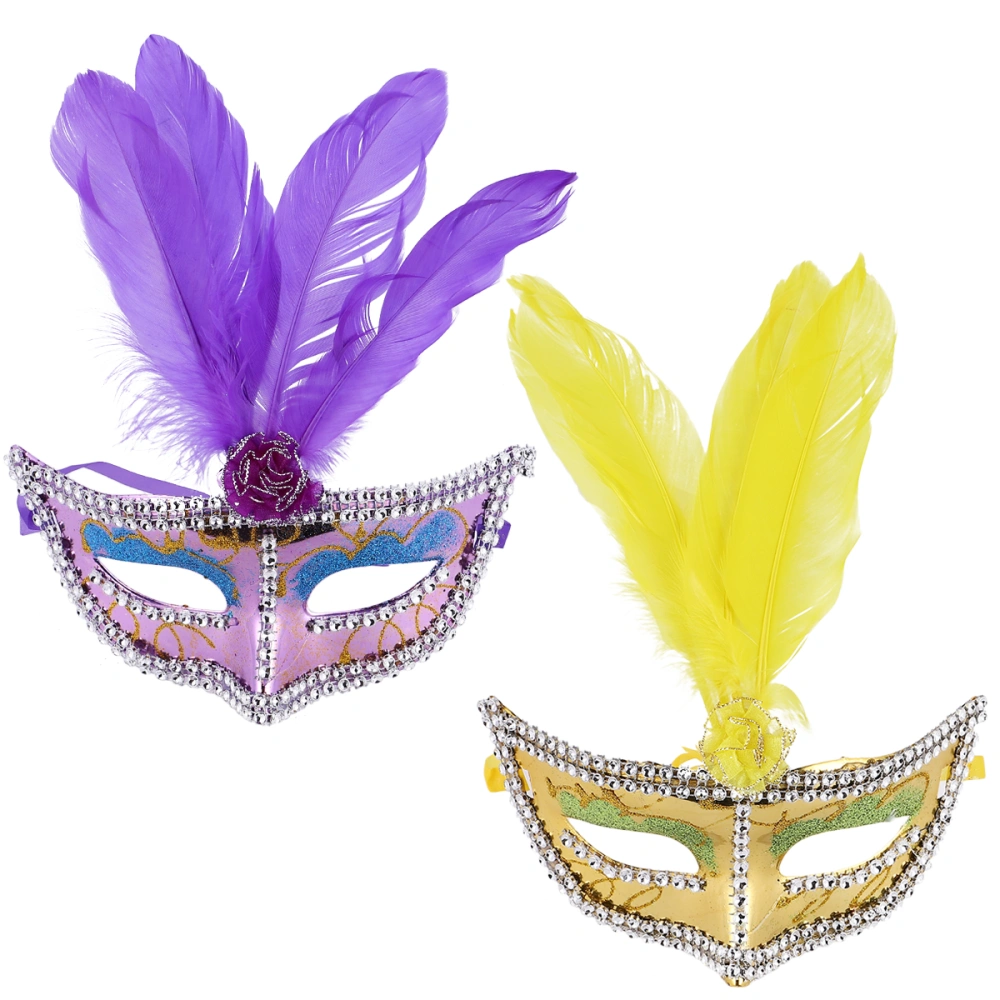 1 Set of 2 Pcs Halloween Performance Mask Creative Feather (Yellow+ Purple)