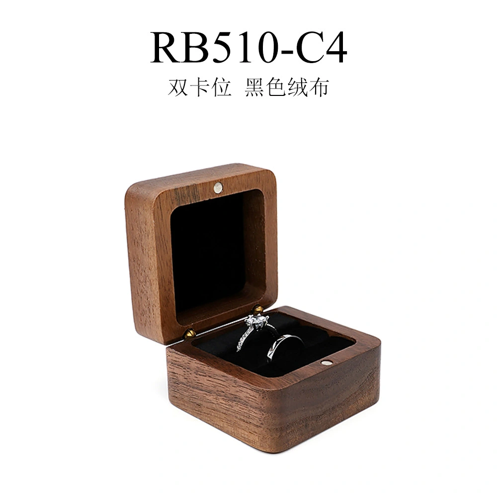 Square Double Ring Box Wedding Ceremony Engagement Ring Case Wooden Ring Holder