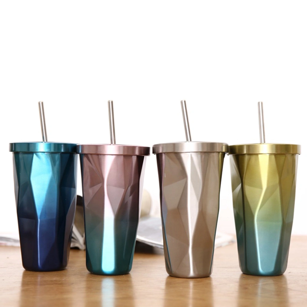 Stainless Steel Tumbler with Straw Hot and Cold Double Wall Drinking Cups Coffee Mugs 500ml Irregular Diamond with Lid (Pink and Blue)