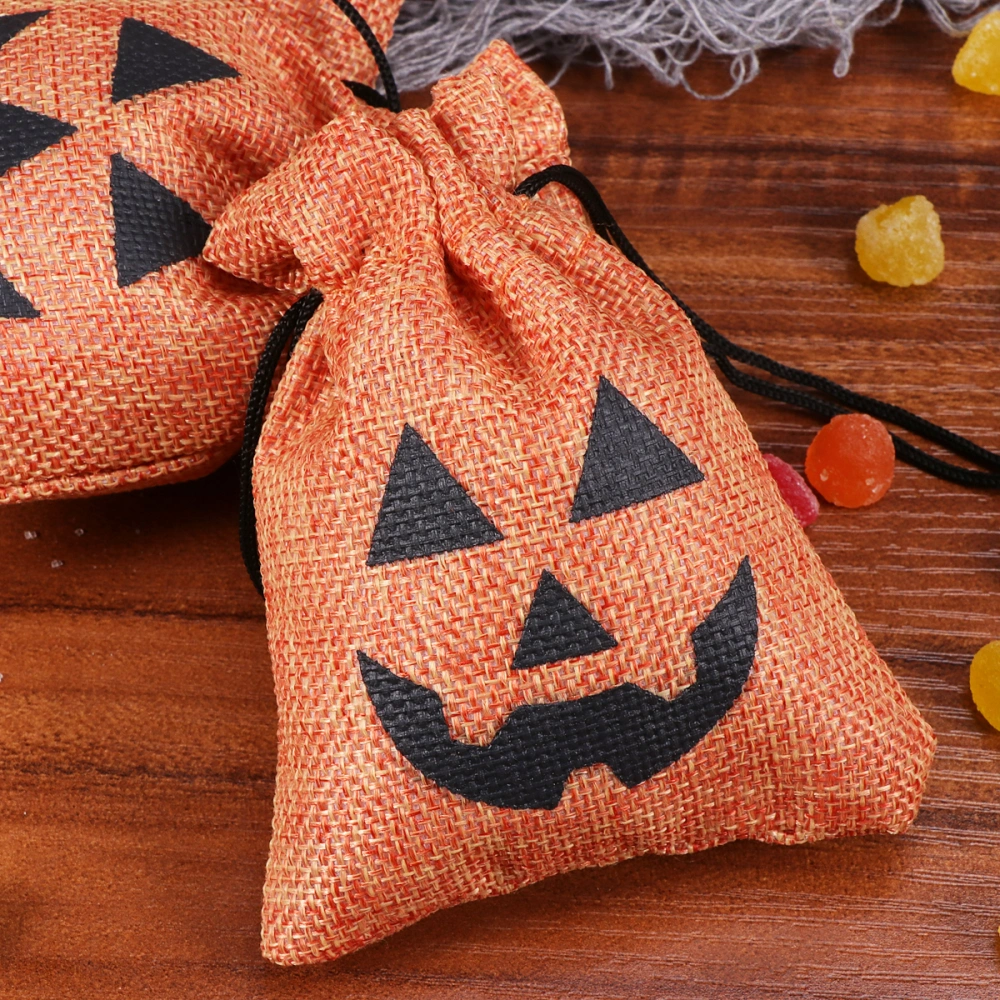 10 Pcs Halloween Bunch Mouth Pumpkin Burlap Bag Drawstring Imitation Flax Gift Candy Bag Storage Bag