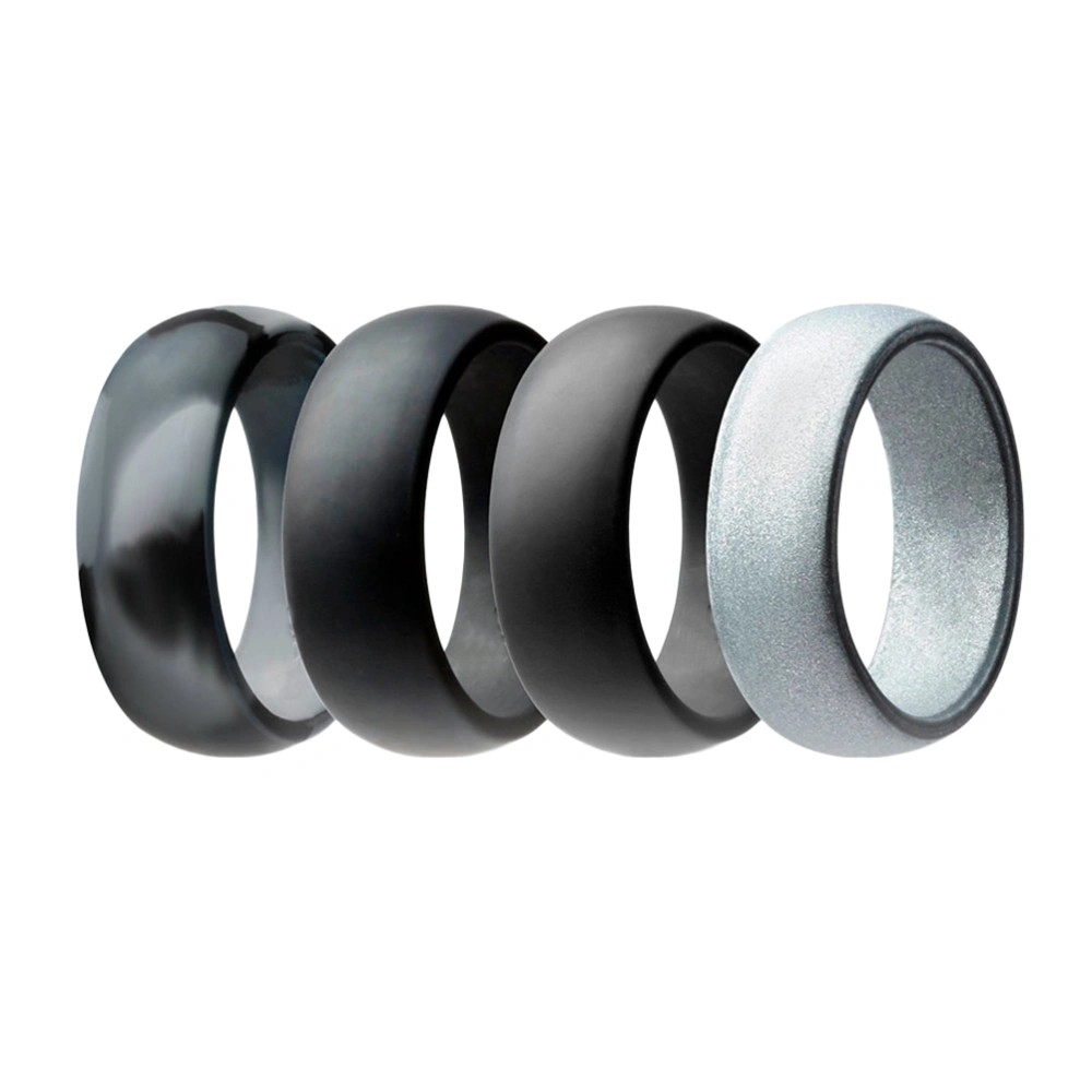 4PCS Unisex Silicone Rings Fashion Gym Rings Simple Couple Rings (Camo Grey, Black, Dark Grey, Silver, Size 8)