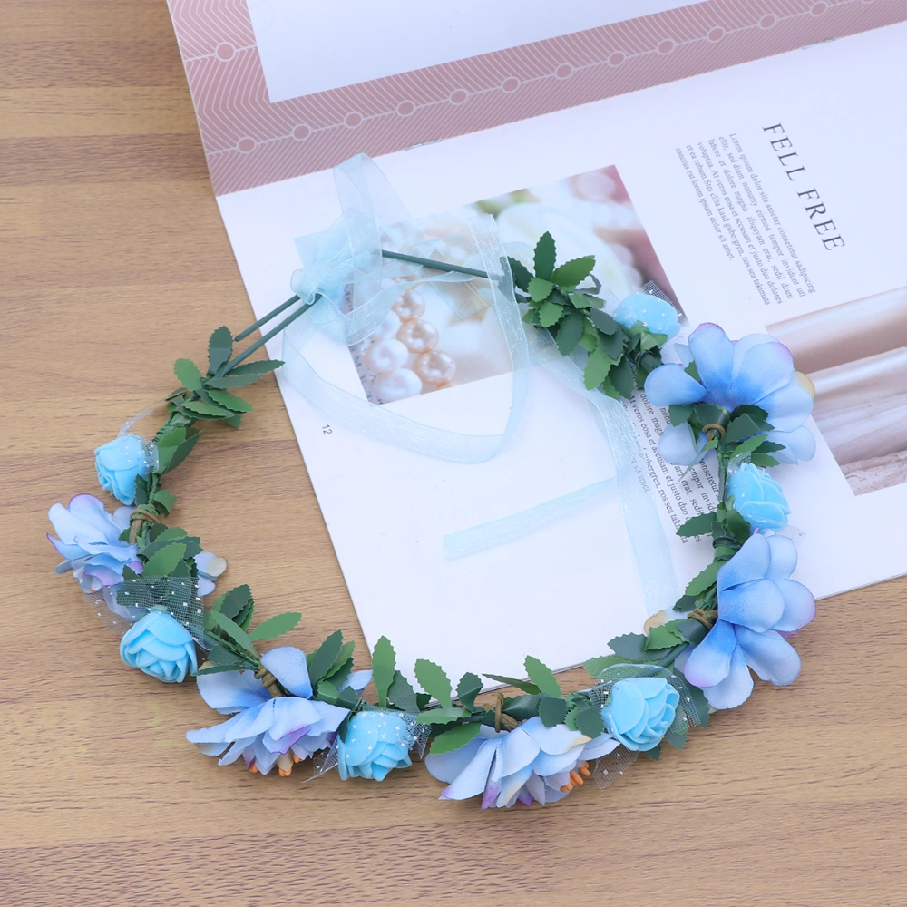 Bohemia Floral Headband Hawaii Style Simulation Garland Wreath Simulation Flower Crown Forehead Hair Head Band Beach Wreath Headpiece for Festival Wedding Party Holiday(Blue)