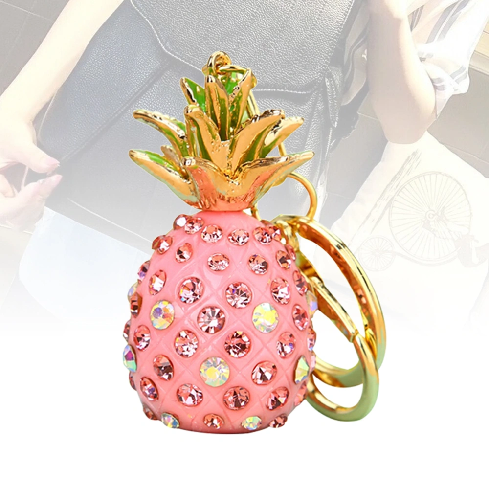 Metal Pinapple Keychain Embedded with Colorful Rhinestones Shiny Keyring for Shoulder Bag Decoration(Pink)