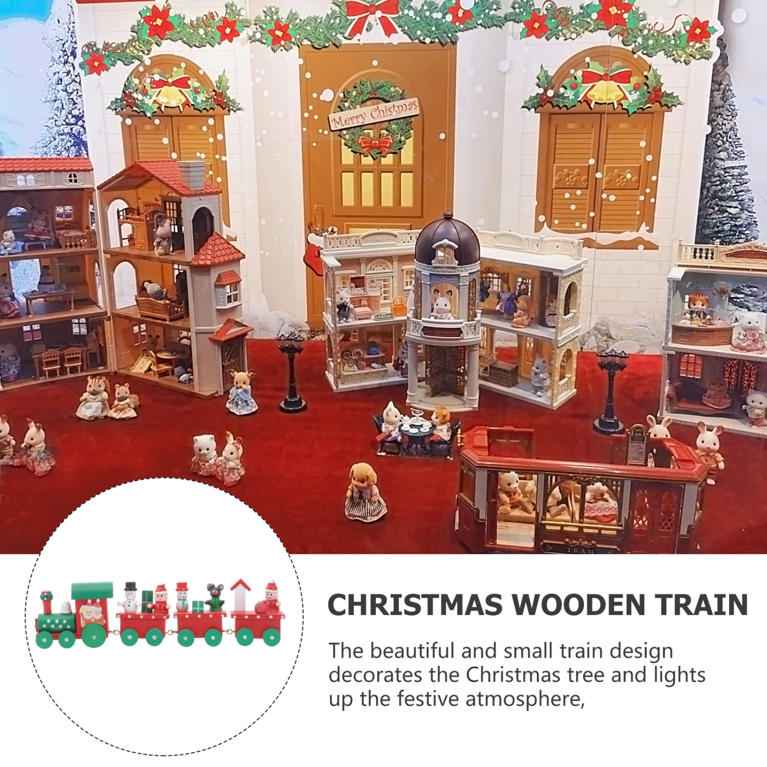 Christmas Decor Wooden Mini Train Decoration Ornaments Kids Gift Home Party Kindergarten Decor (Red and Green)