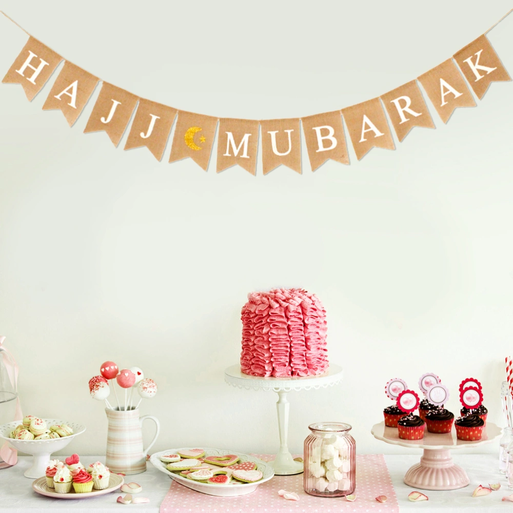 HAJJ MUBARAK Festival Swallowtail Banner Star Moon Garland Burlap Bunting Flag Linen Dovetail Shape Party Supplies Decorations