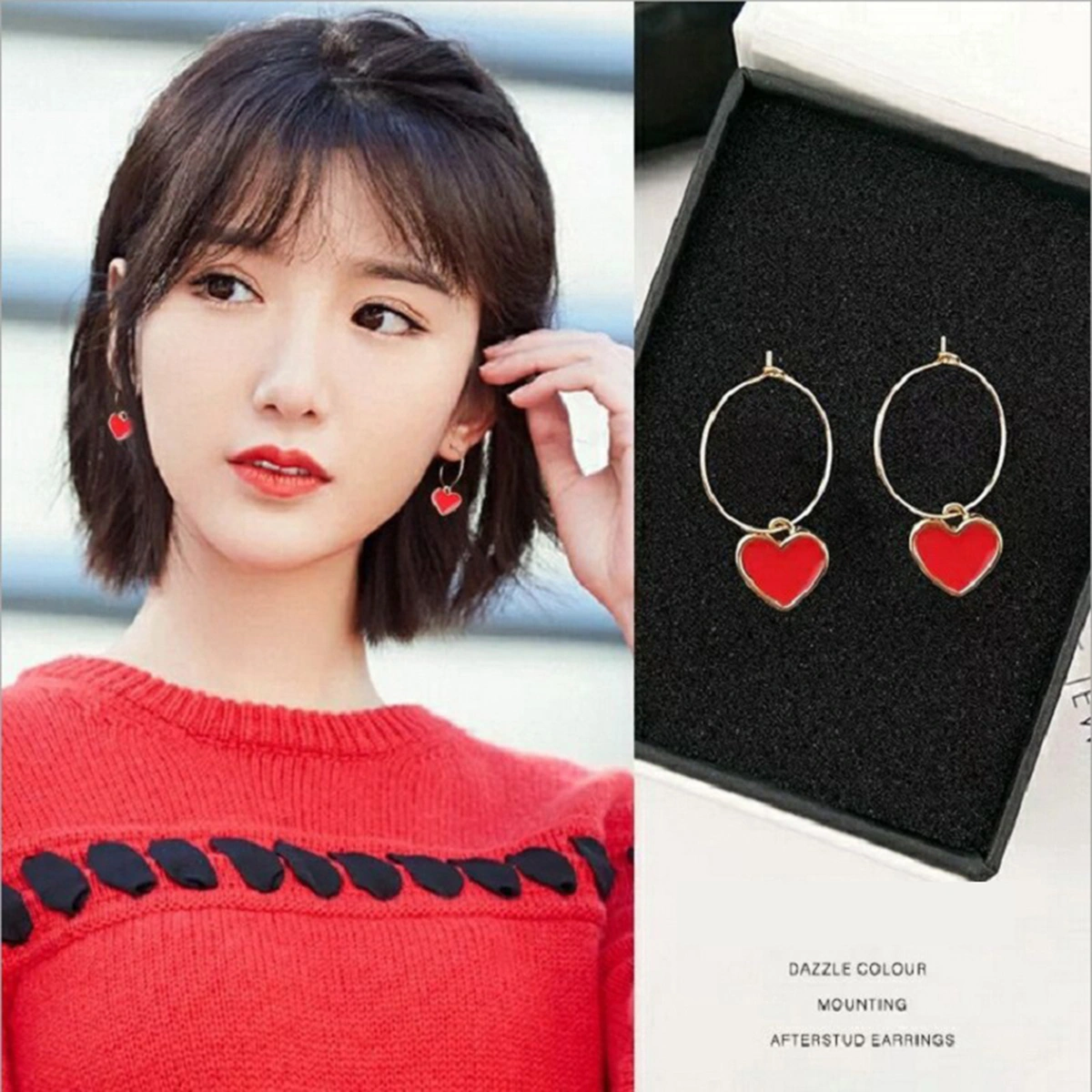 1 Pair of Red Heart Shape Earrings Circle Ear Drop Simple Ear Dangle Women Dangler Ear Jewelry