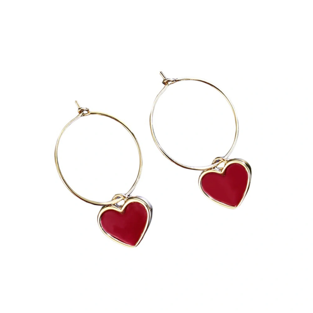 1 Pair of Red Heart Shape Earrings Circle Ear Drop Simple Ear Dangle Women Dangler Ear Jewelry