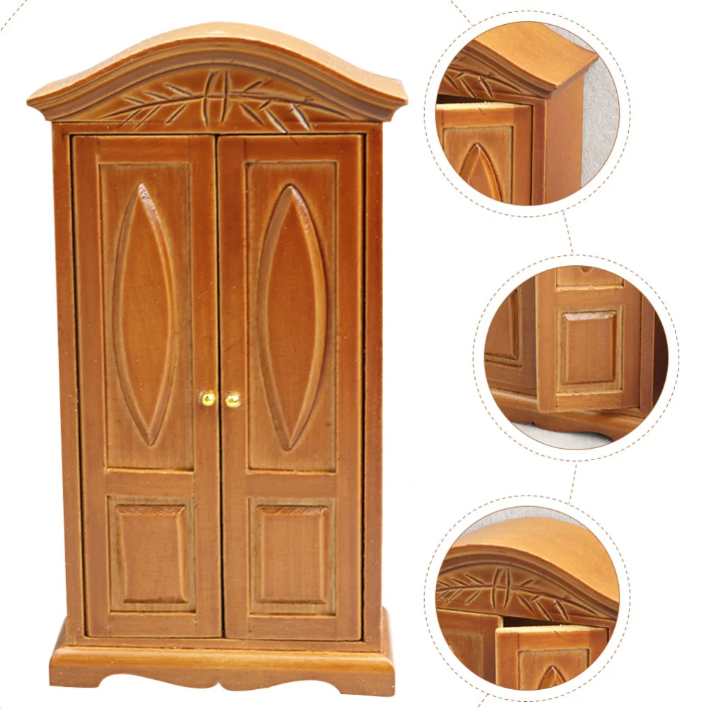 Carved Mini House Wardrobe Decor Miniature Wooden Wardrobe  Furniture Models