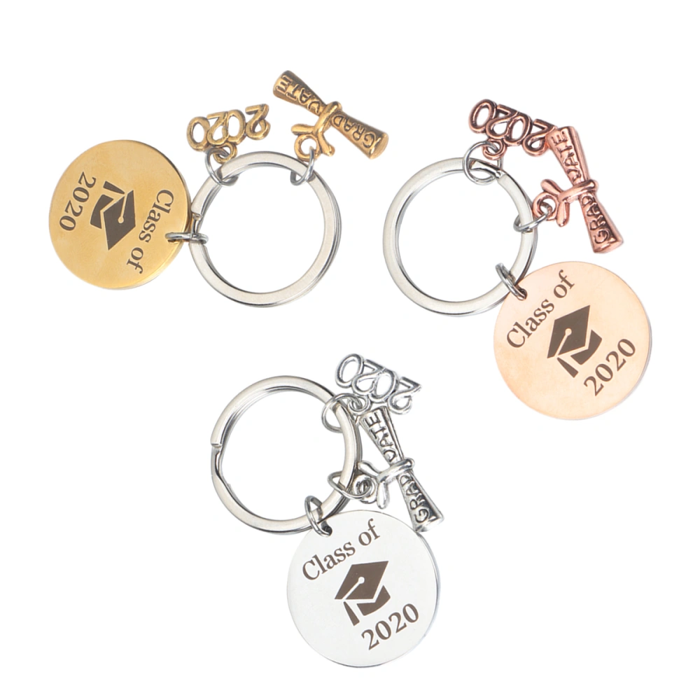 3Pcs 2020 Graduation Themed Keychains Delicate Unique Stainless Steel Key Rings Creative Graduation Gifts (Golden Steel Color Rose Gold 1 Each)