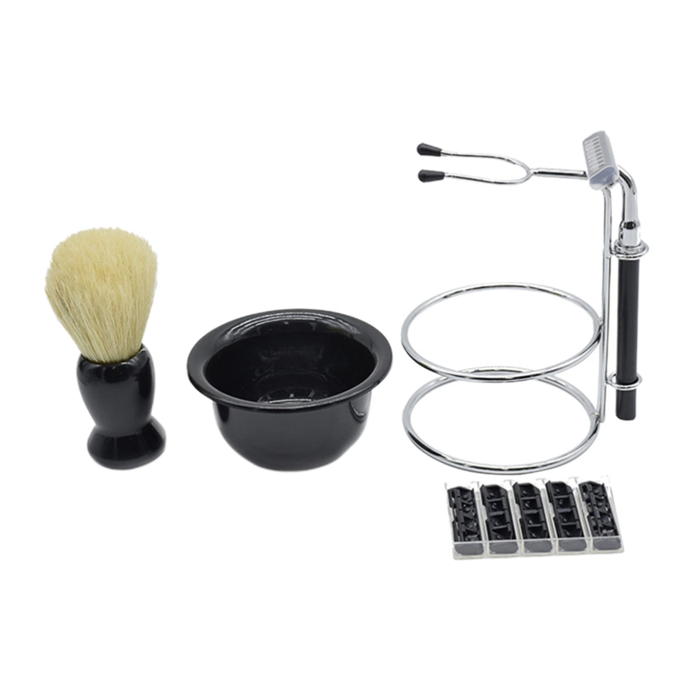 1 Set/5 Pcs Men Beard Cleansing Tool Kit Manual Shaver Shaving Brush Bowl Holding Shelf Razor Accessories for Salon Barber Home DIY Craft (Black)