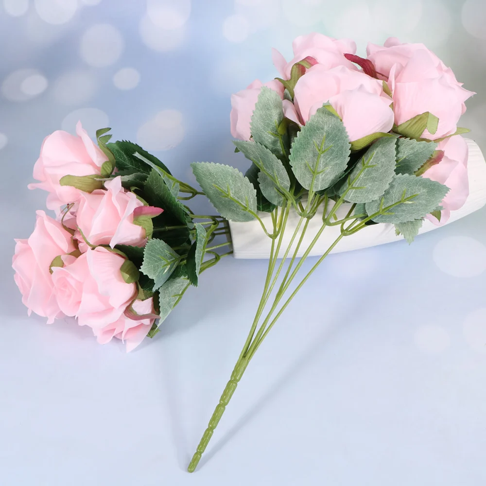 3pcs Simulation Flowers Silk Flowers Artificial 7 Heads Rose Bouquet for Home Bridal Wedding Party Festival Decor (Pink)