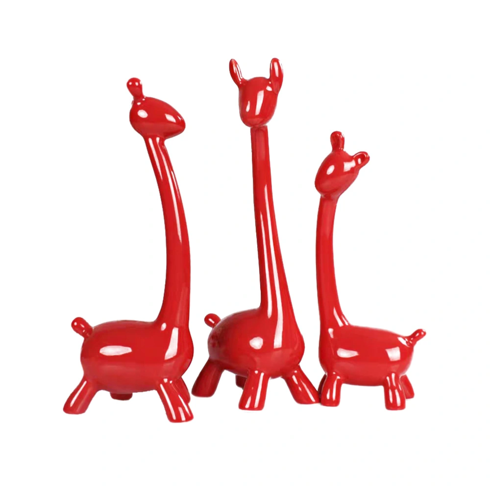 3pcs Giraffe Table Decor Ceramics Crafts Ornaments Desktop Decoration Creative Table Adornment for Home Office (Red)