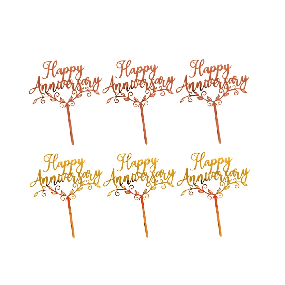 6PCS Wedding Anniversary Cake Toppers Happy Anniversary Letters Printed Cake Picks Delicate Wedding Anniversary Cupcake Decorations Acrylic Wedding Memorial Cake Plug Creative Wedding Memorial Cake Decor for Home Party Golden+Rose Gold