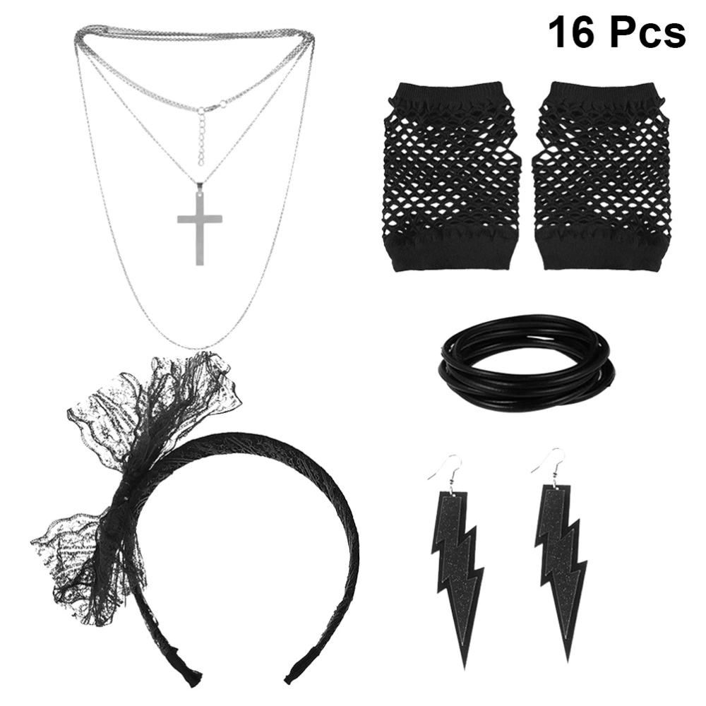 16pcs in 1 Set Black 80s Sexy Dance Dress up Accessaries Lace Headband Fishnet Gloves Necklace Set Ball Performance Fancy Costume Party Supplies Set