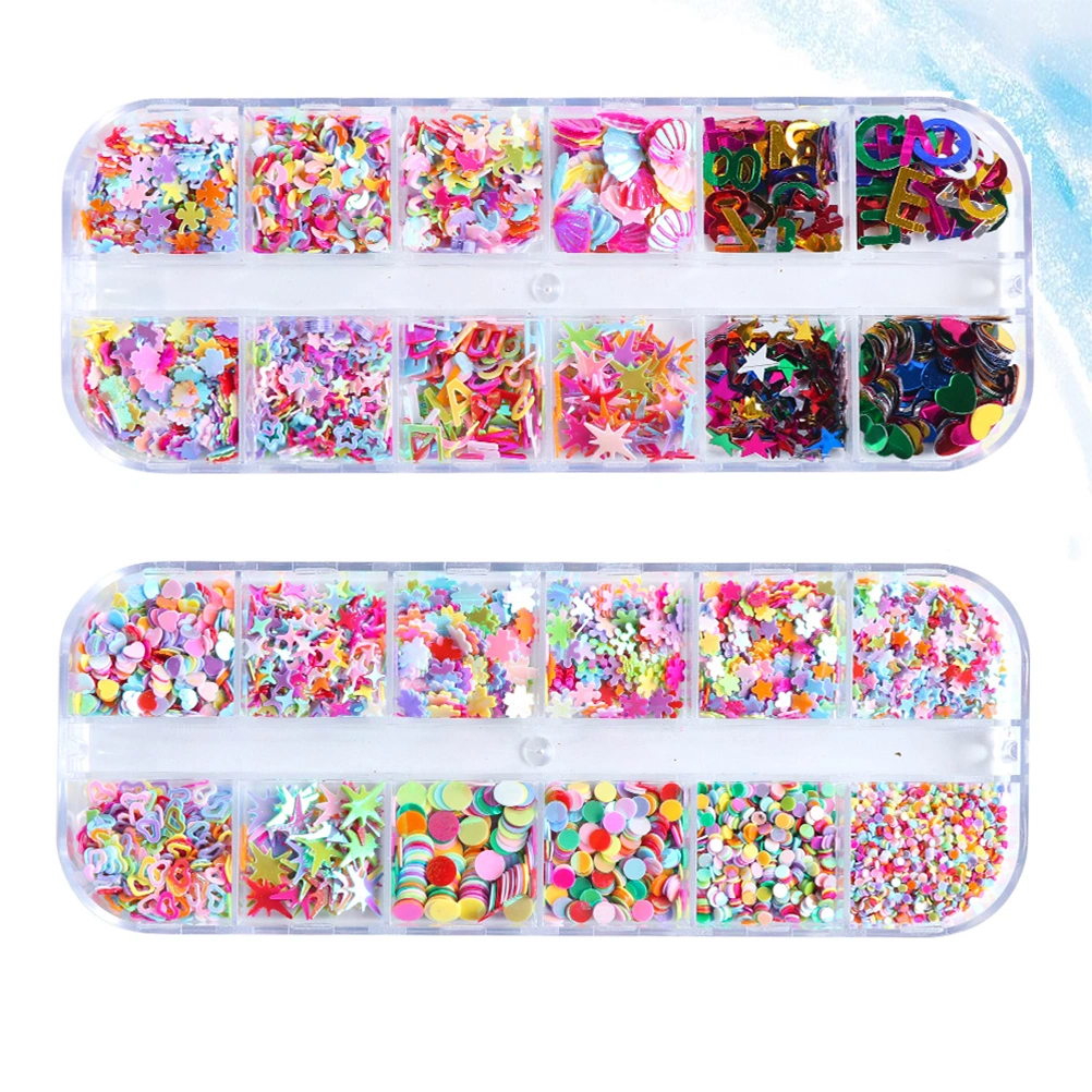 2 Boxes 12 Grids Nail Glitter Sequins Sparkly Paillettes Manicure Decor for Lady