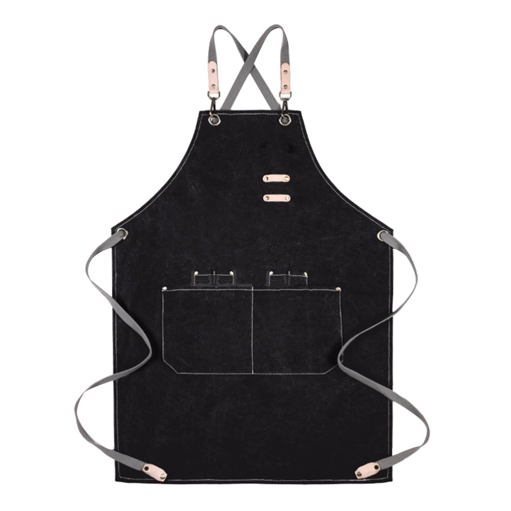 Barista Canvas Apron Halter Adjustable Serving Aprons with Pockets for Restaurant Cafe Barbecue (Black)