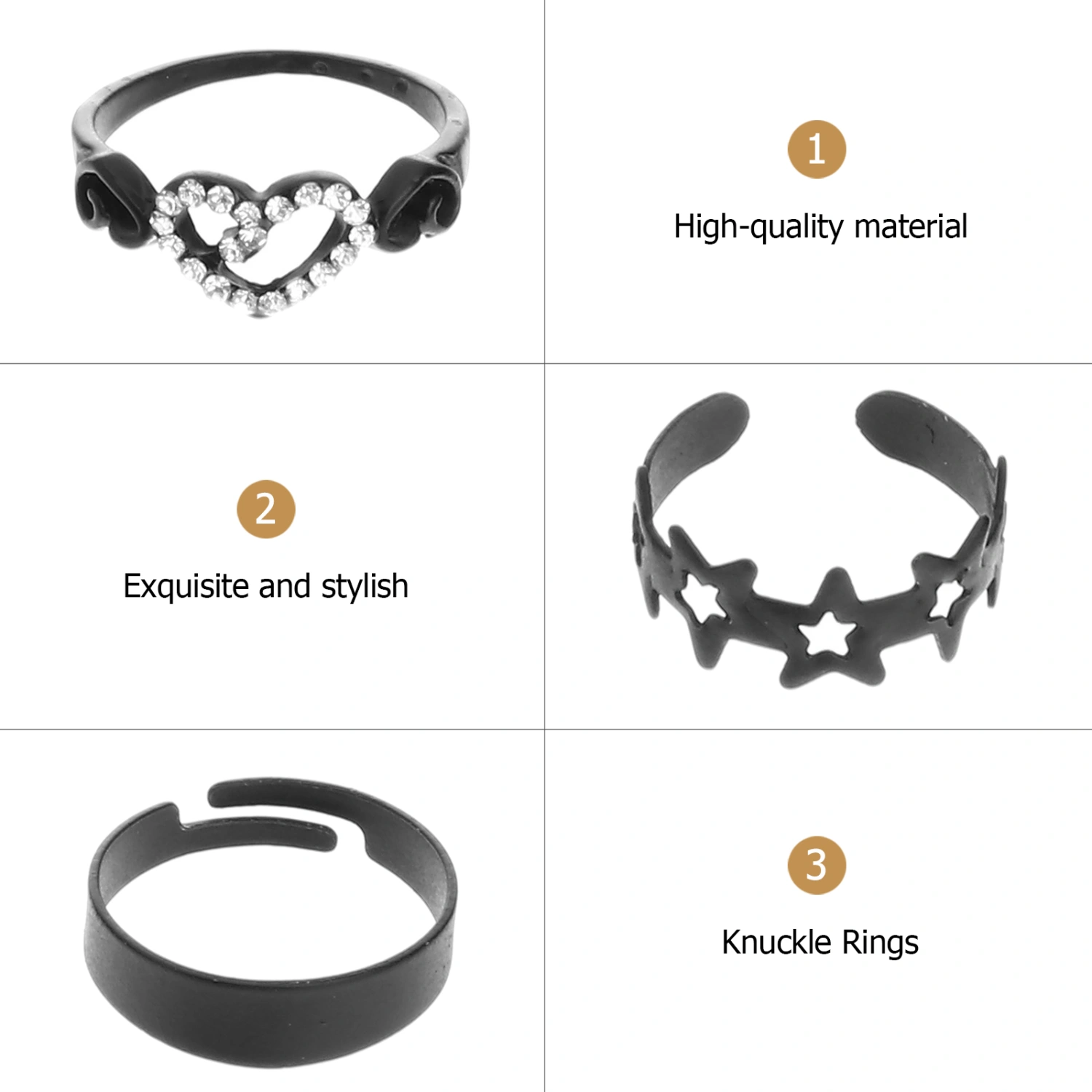 5pcs Fashion Ring Set Alloy Hollow Finger Rings Adjustable Open Rings Statement Jewelry (Black)