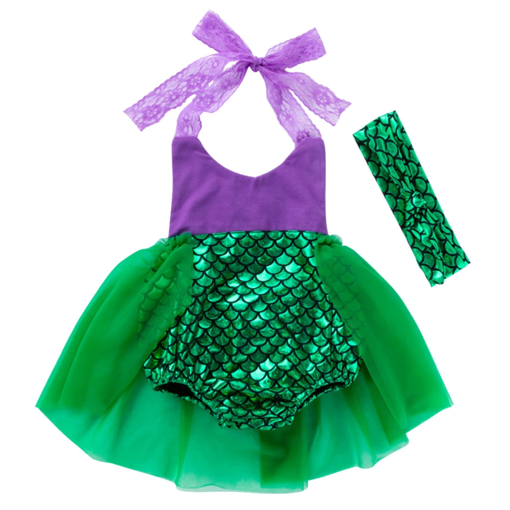 Green Short Tutu Dress Girl Mermaid Design Tulle Skirt Lace Costume Outfit Skirt Girls Party Apparel with Headband for Children Kids (80cm, Suitable for 12-24 Years Old Girls)