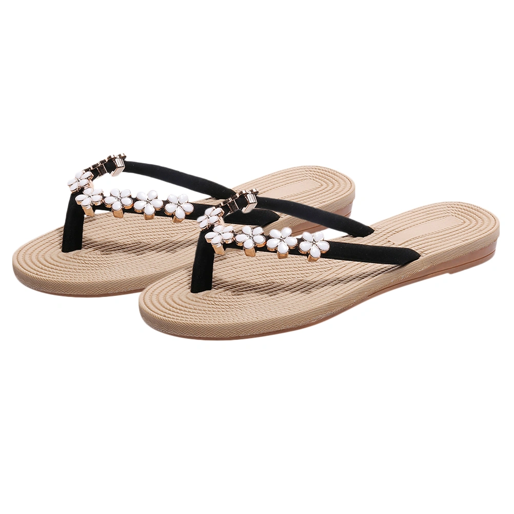 1 Pair Summer Flat Bottom Beach Flip-flops Beach Sandal Summer Beach Slipper with Flower Decor for Women (Black 38 23.5CM, 6.5US, 4UK, 37.5EU, 9.2355 Inch)