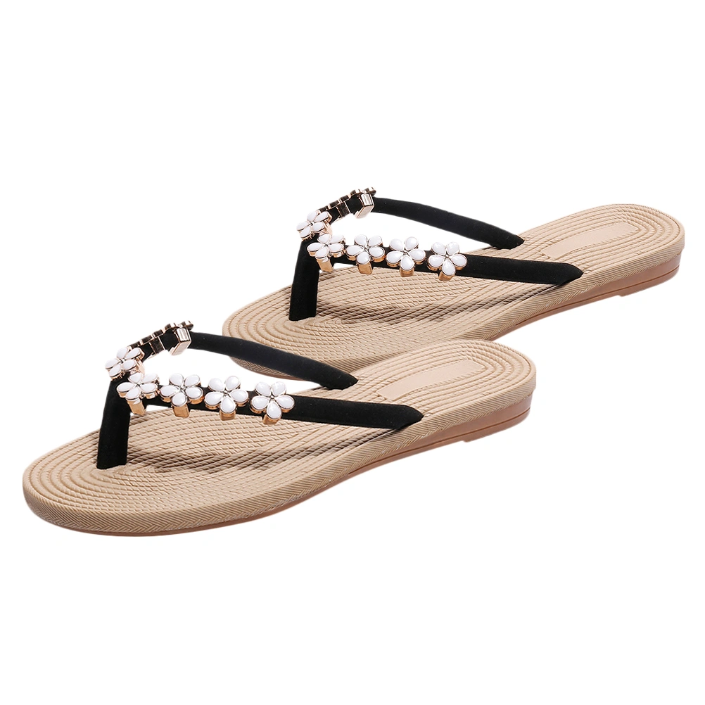 1 Pair Summer Flat Bottom Beach Flip-flops Beach Sandal Summer Beach Slipper with Flower Decor for Women (Black 38 23.5CM, 6.5US, 4UK, 37.5EU, 9.2355 Inch)