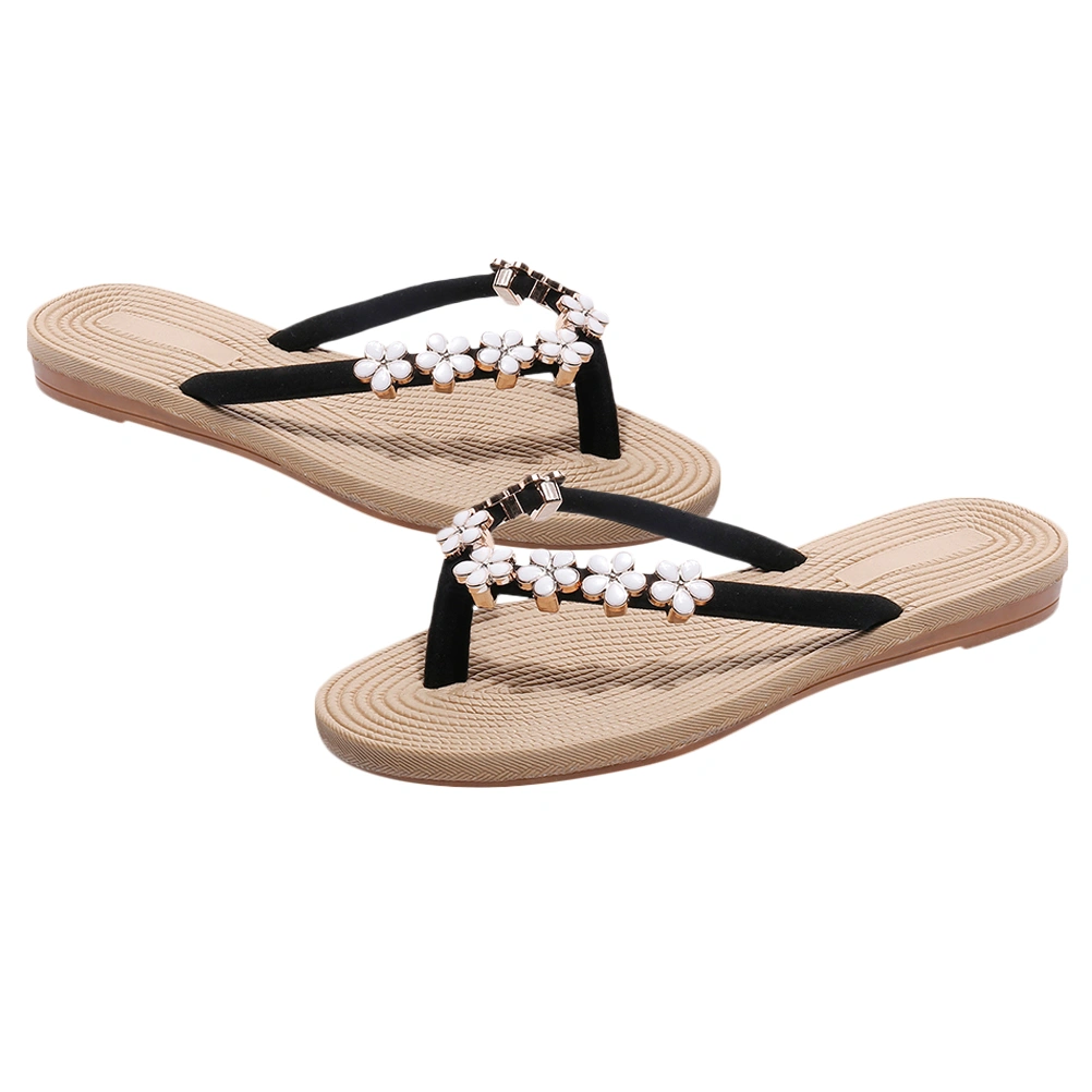1 Pair Summer Flat Bottom Beach Flip-flops Beach Sandal Summer Beach Slipper with Flower Decor for Women (Black 38 23.5CM, 6.5US, 4UK, 37.5EU, 9.2355 Inch)