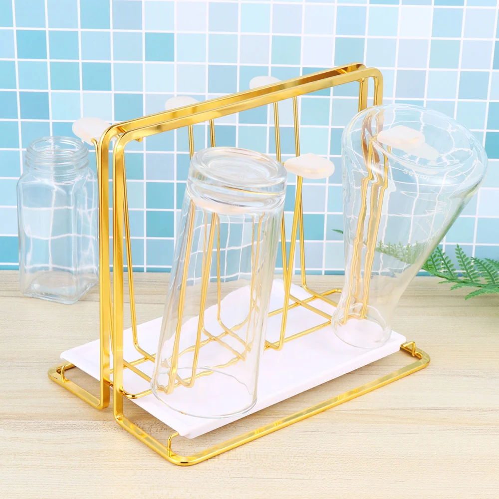 Cup Drying Rack with Drain Tray Drinking Bottle Drying Rack Stand with 6 Hooks Water Mug Drainer Stand with Non-slip Bottom for Home Bar Hotel Pub (Golden)