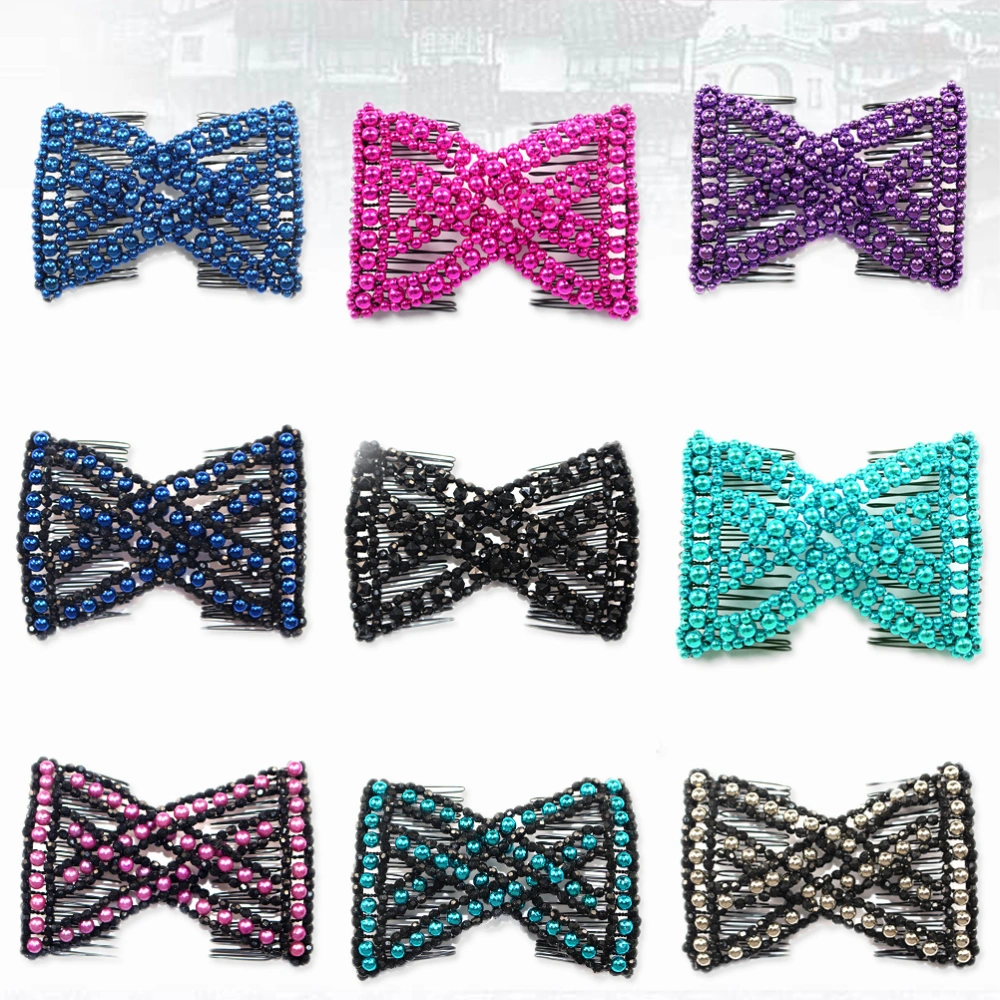 4pcs Fashion Variety Beaded Hairpins Stretchy Hair Combs Clips Hair Styling Accessories for Women Girls (Random Color)