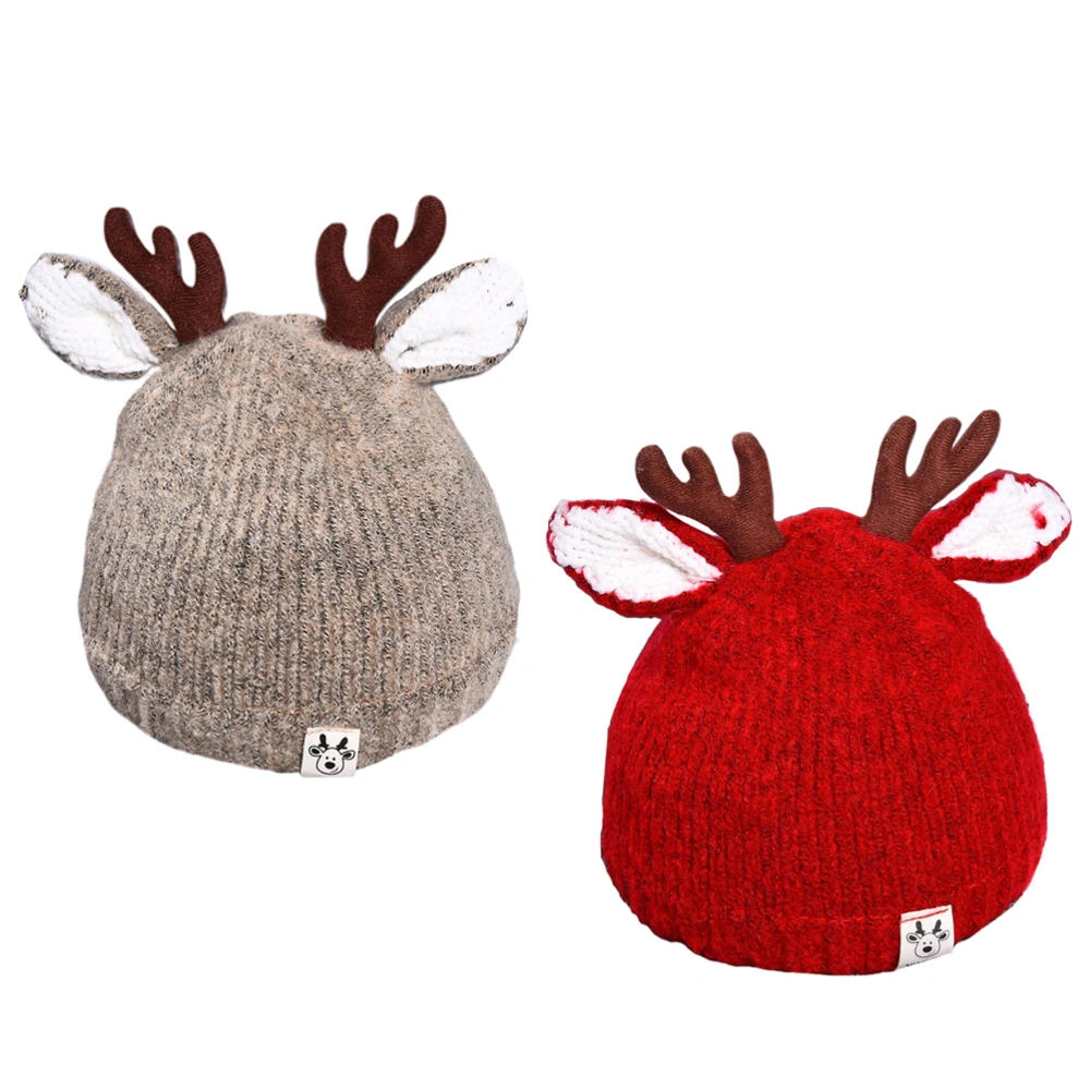 2pcs 0-3 Years Old Baby Cartoon Antler Hat Warm Kids Woolen Caps for Christmas New Year Party Daily Life (Khaki and Red)