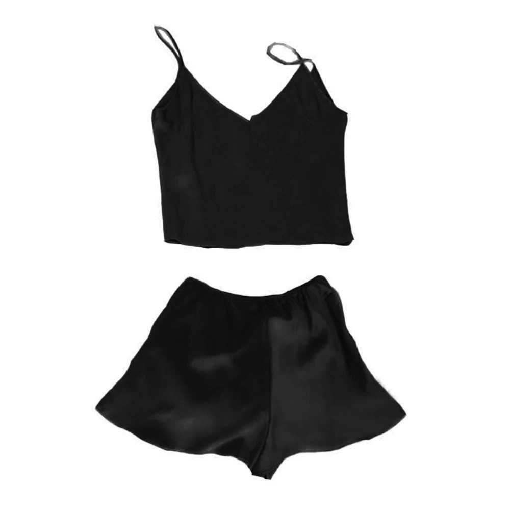 Women Mini Tank Crop Tops Shorts Set Solid Color Sleepwear Nightwear Sexy Pajamas - Size S(Black)