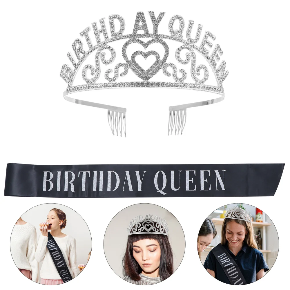 2pcs/set Birthday Rhinestone Crown and Letter Printing Sash Girl Birthday Decor