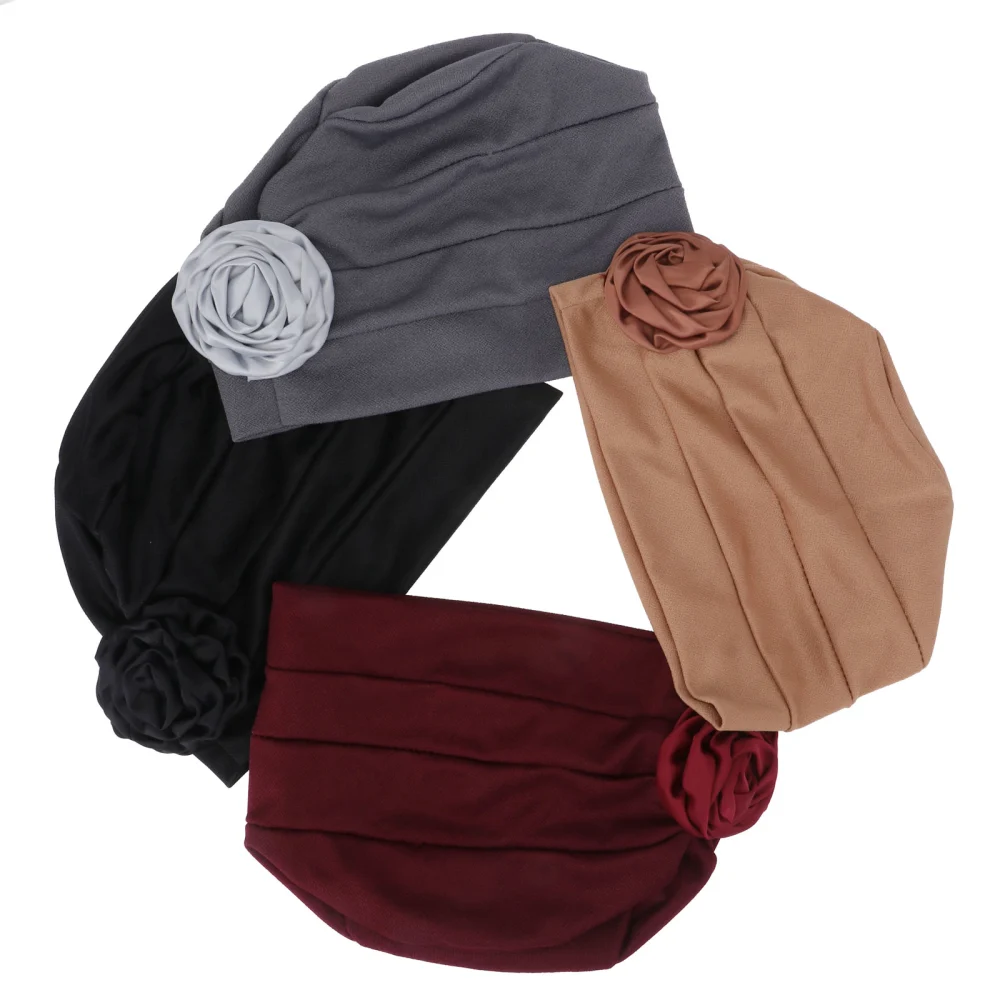 4pcs Women Head Wrap Stretch Fabric Flower Decor Headwrap Chemotherapy Hat Vintage Floral