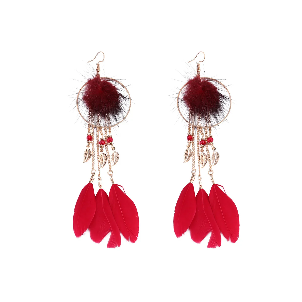 1 Pair of Feather Earrings Retro Long Tassels Alloy Leaf Decorative Eardrop Earrings for Women (Red)