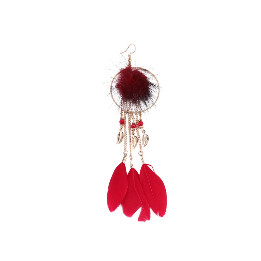 1 Pair of Feather Earrings Retro Long Tassels Alloy Leaf Decorative Eardrop Earrings for Women (Red)