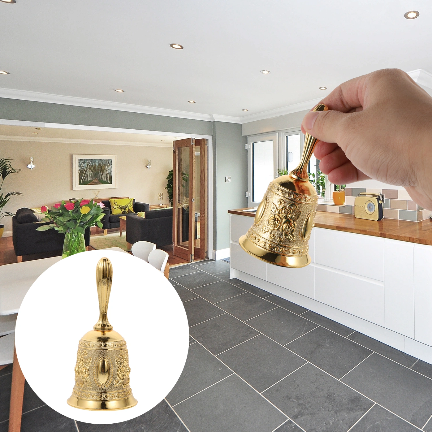 1Pc European Relief Art Hand Bell Restaurant Counter Pass-through Bell (Golden)