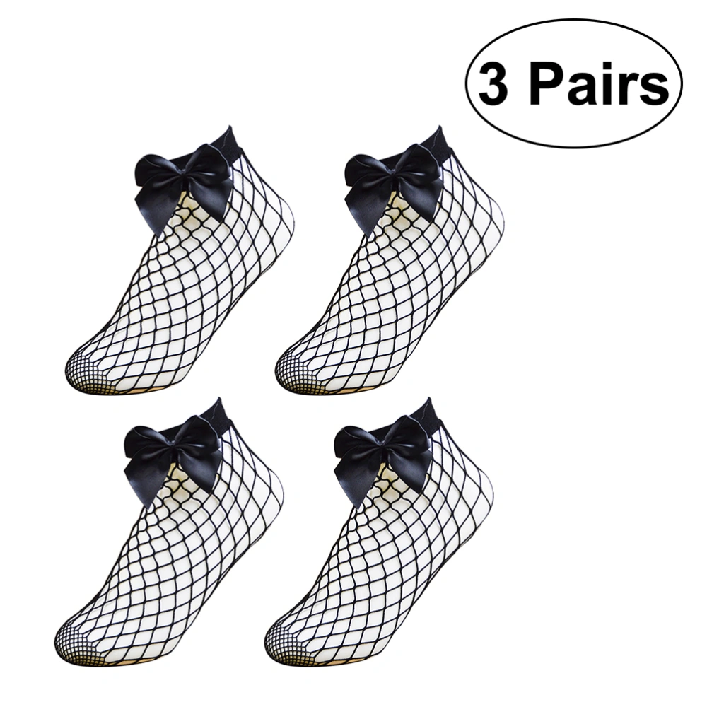 3 Pairs Women's Fishnet Ankle Socks Hallow Out Mesh Fishnet Solid Ankle Length Fishnet Stocking with Bowknot (Black)