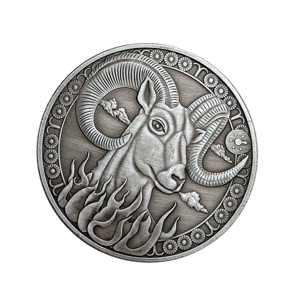 Vintage Twelve Constellations Commemorative Coin Stereoscopic Embossment Metal Coin Souvenir Gift Crafts (Aries)