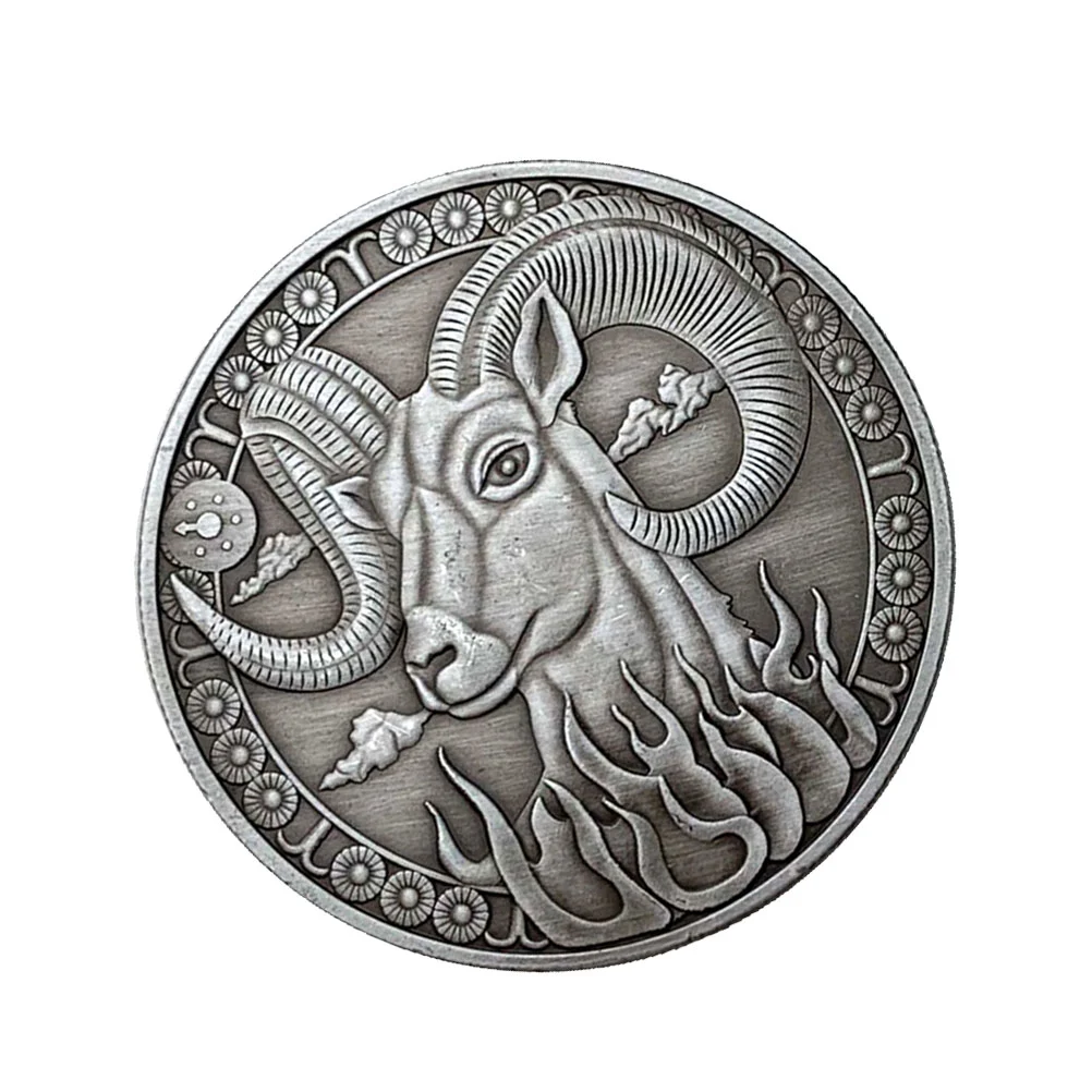 Vintage Twelve Constellations Commemorative Coin Stereoscopic Embossment Metal Coin Souvenir Gift Crafts (Aries)