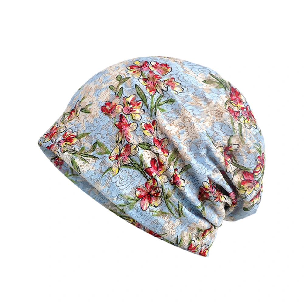 Light Blue Women Head Wrap Modal Stretch Lace Flower Chemotherapy Headwrap Floral Printed Hat