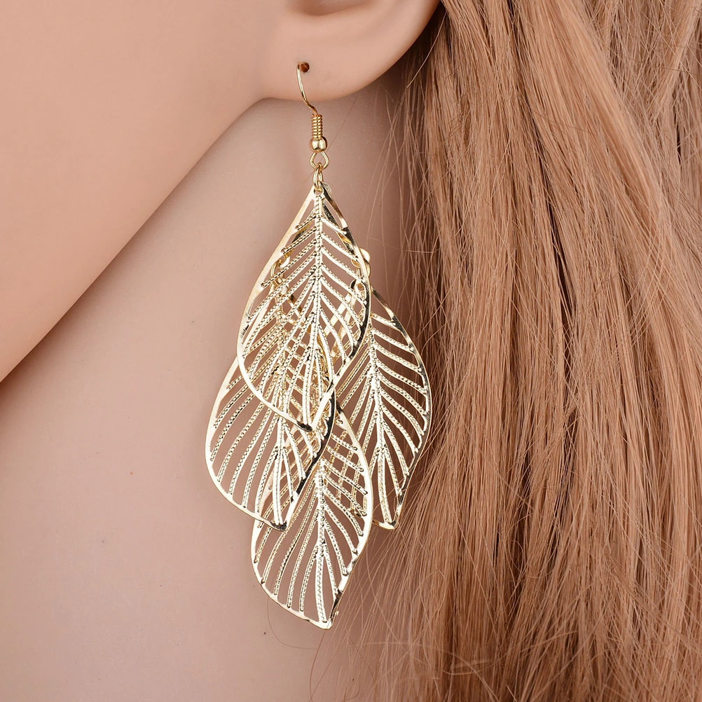 1 Pair Multi-layer Leaf Earrings Simple Hollow-out Leaves Eardrop Vintage Earbob