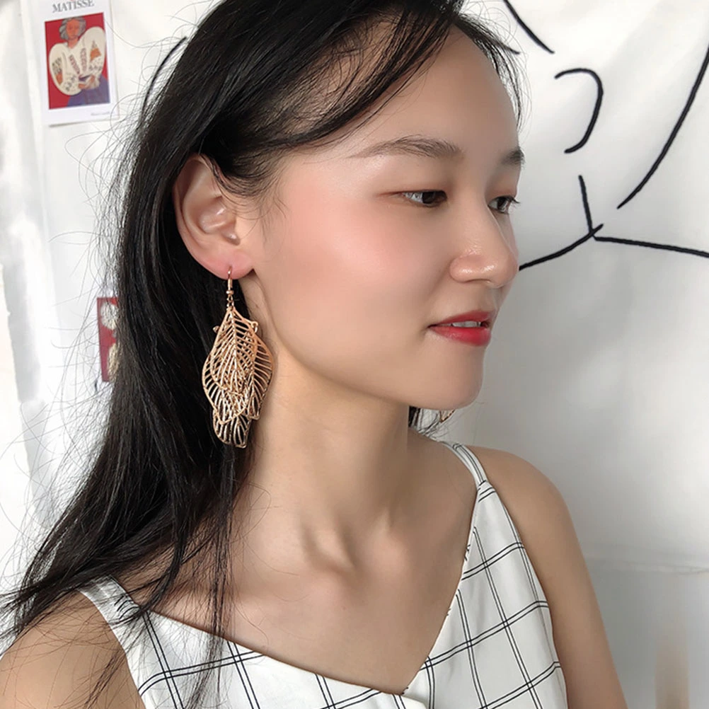 1 Pair Multi-layer Leaf Earrings Simple Hollow-out Leaves Eardrop Vintage Earbob