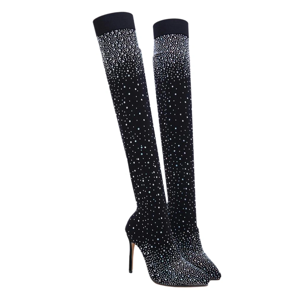 High Heel Over Knee Boots Stiletto Bright Diamond Boots Women Rhinestone Stretch Boots (Black Size 42 EU40.5 US13 UK6.5)